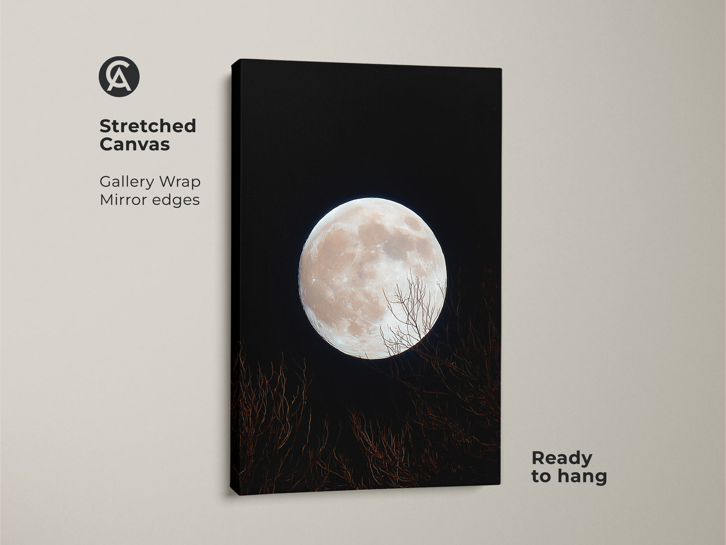 A stunning stretched canvas print of the moon. The gallery wrap has mirrored edges. This moon art is ready to hang. The full moon shines brightly. Bare branches reach up towards the light.
