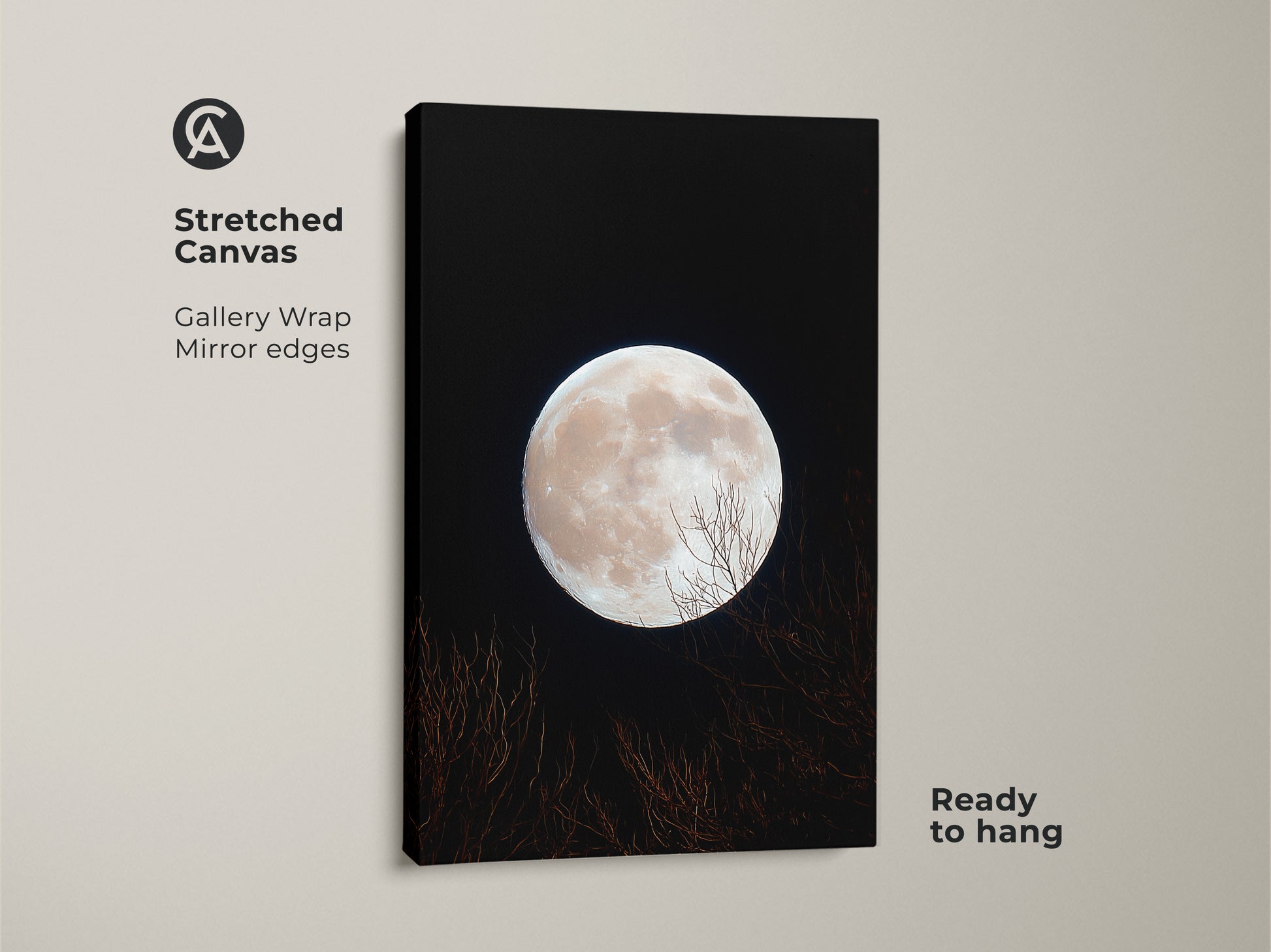 A stunning stretched canvas print of the moon. The gallery wrap has mirrored edges. This moon art is ready to hang. The full moon shines brightly. Bare branches reach up towards the light.