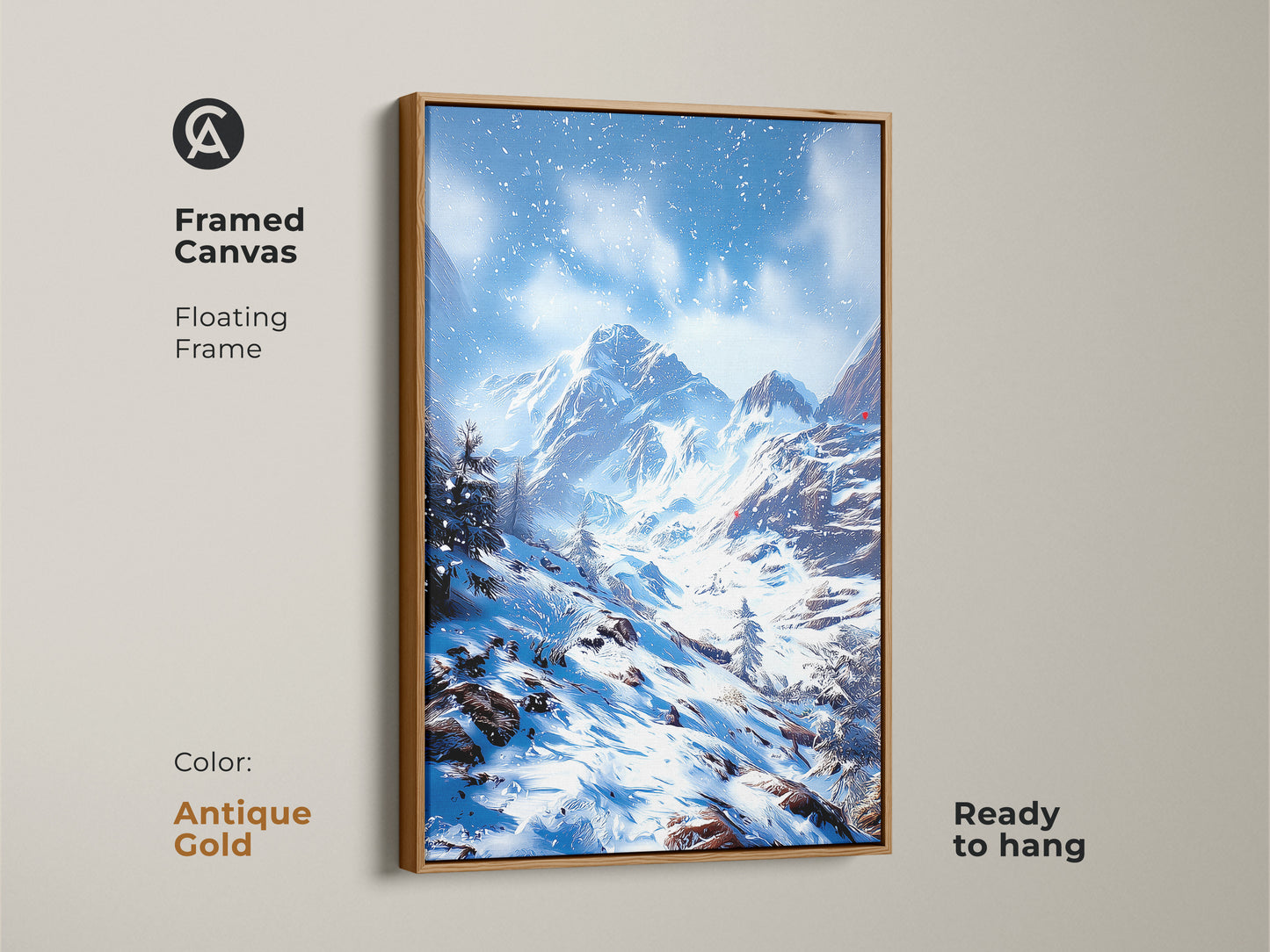 Antique Gold framed canvas showing winter mountain landscape art. This snowy mountain range print has a floating frame. Ready to hang blue and white artwork. A rustic gift for skiing and snowboarding enthusiasts.