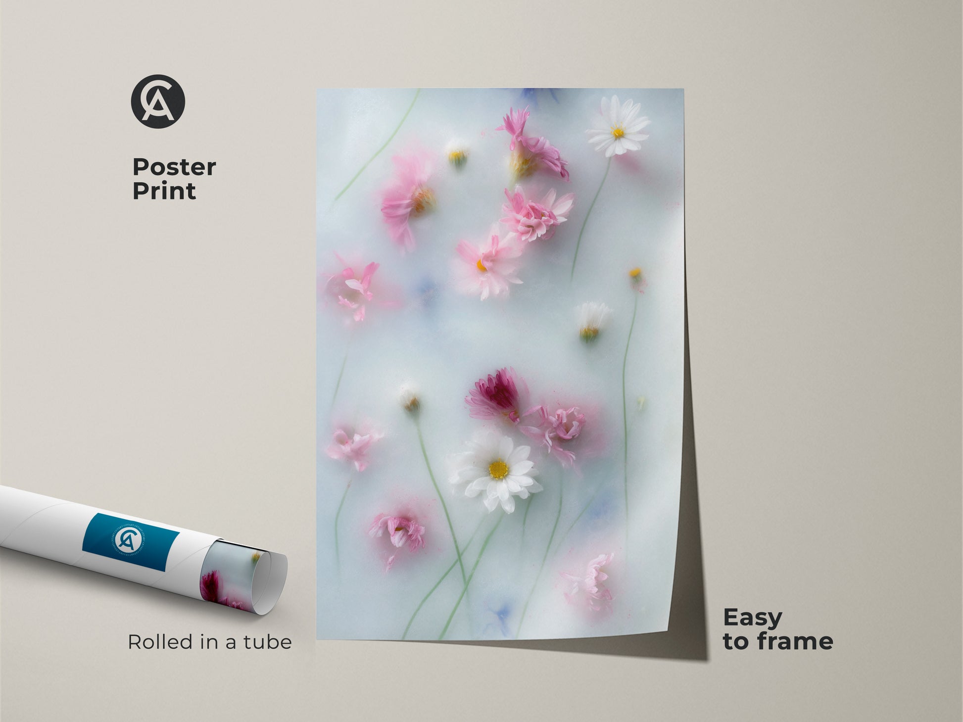 Easy-to-frame poster print of soft focus pink daisy and cosmos flowers. The dreamy pastel blue botanical art is rolled in a tube. It adds a touch of Scandinavian style to your home decor. This gentle flower artwork is nature-inspired.