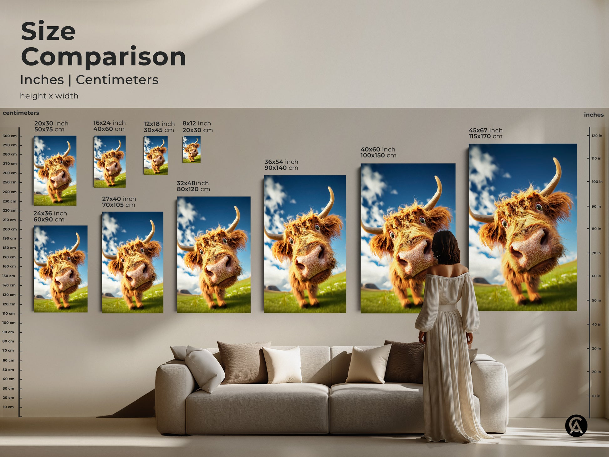 Size comparison of inches and centimeters for highland cow canvas art. Various sizes are available to fit any space. Find the perfect size for your rustic farmhouse wall decor.