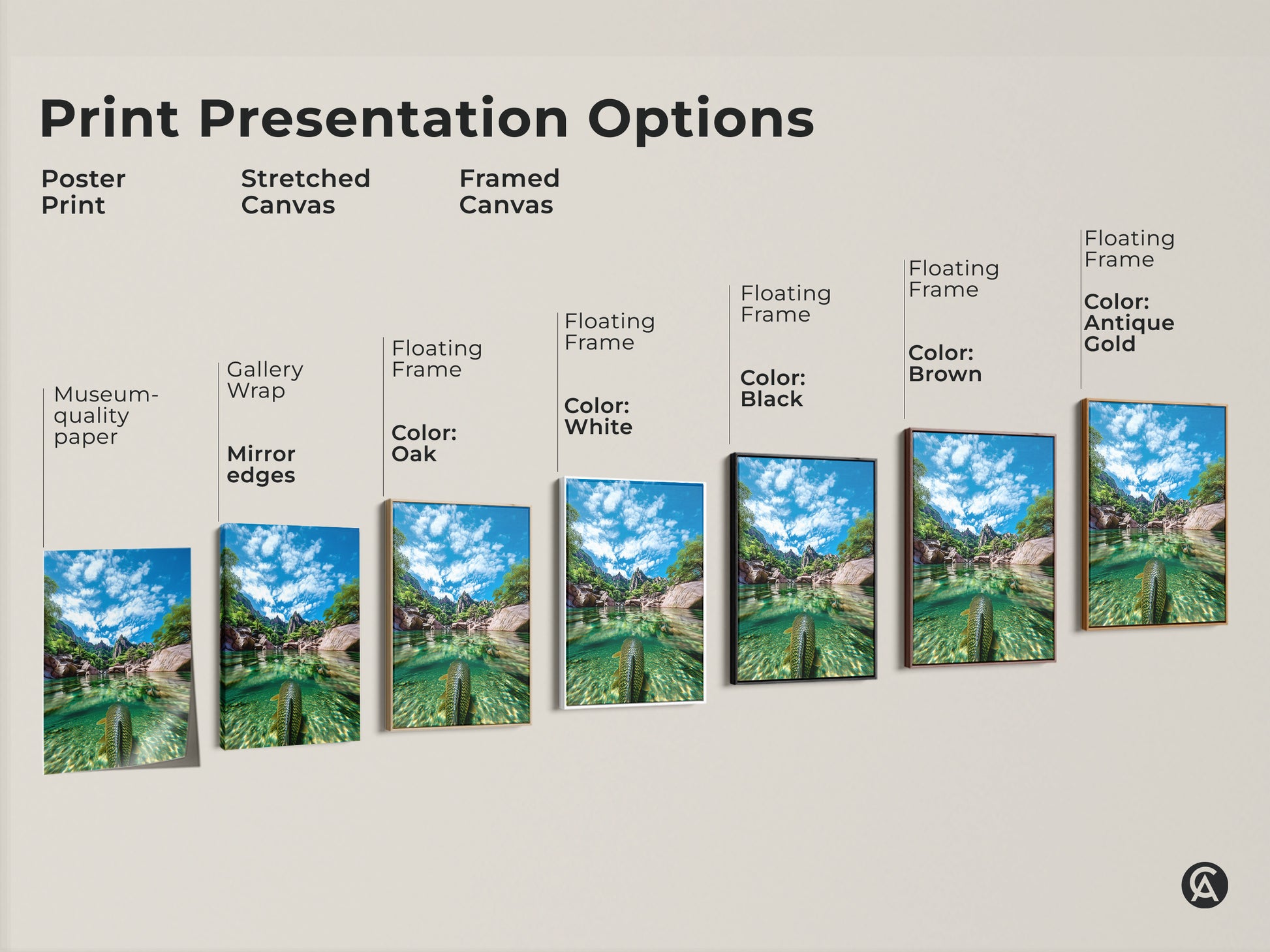Explore nature print presentation options. Choose from poster prints to stretched and framed canvases. Each option showcases realistic underwater fish art and mountain landscapes. Find the perfect blue green nature scene to enhance your space. Get inspired by contemporary nature art.