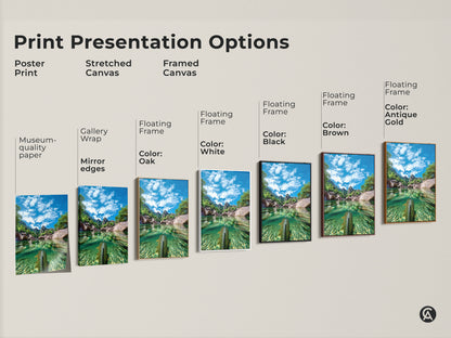 Explore nature print presentation options. Choose from poster prints to stretched and framed canvases. Each option showcases realistic underwater fish art and mountain landscapes. Find the perfect blue green nature scene to enhance your space. Get inspired by contemporary nature art.