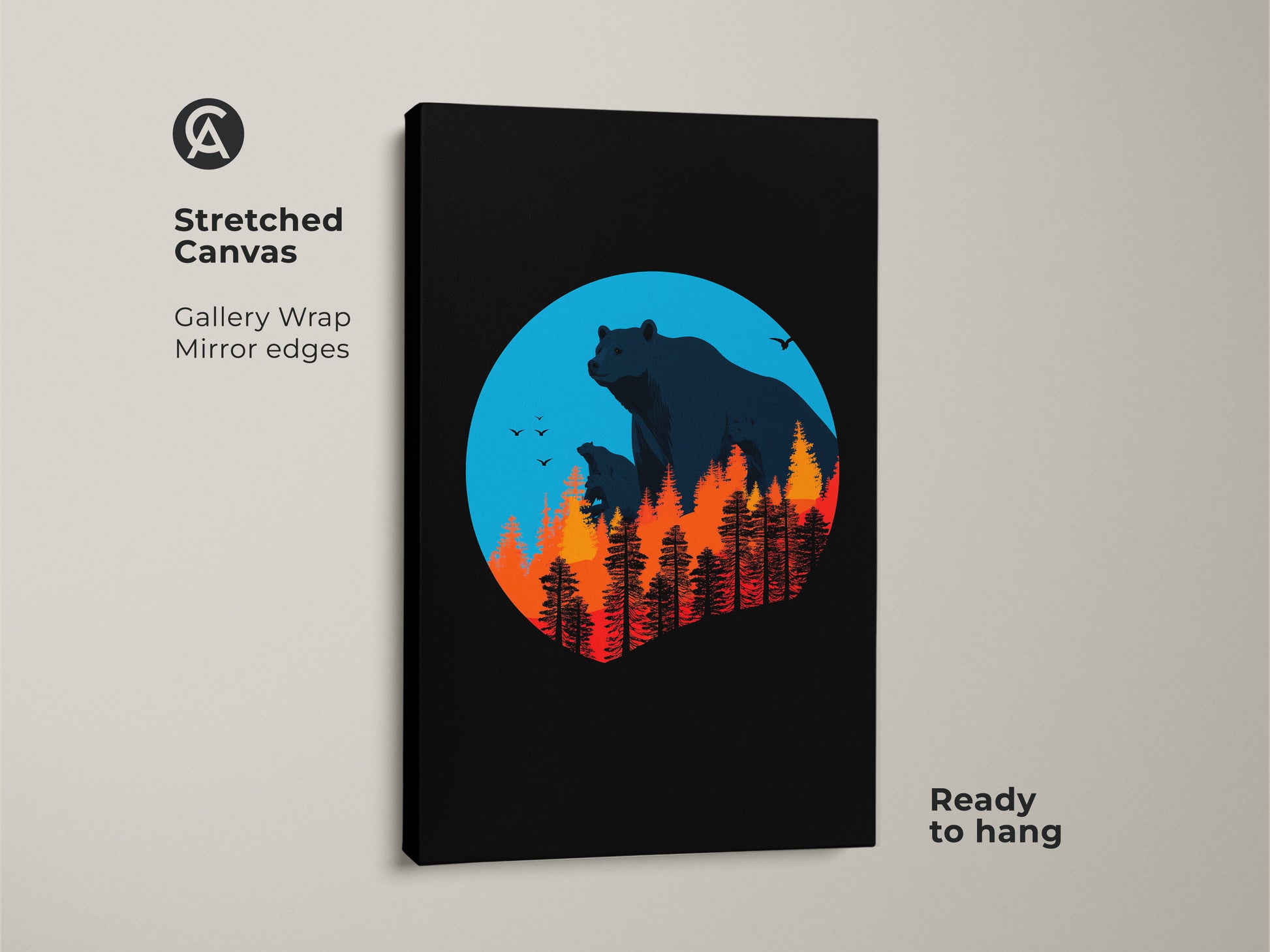 A stretched canvas art print presents a minimalist woodland scene with bears and a forest fire. This gallery-wrapped art has mirror edges ready to hang. The blue and orange palette gives a modern wildlife feel great for nature-inspired decor.