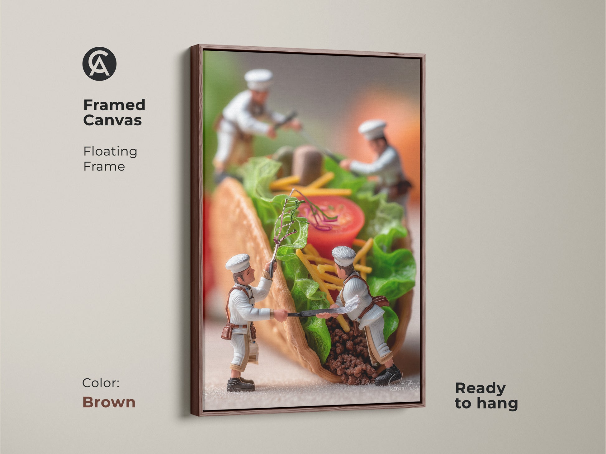 Framed canvas artwork showcasing miniature chefs assembling a taco in a brown floating frame. This ready to hang piece brings culinary art to your walls. It's a modern twist on traditional art. Explore framed art today.