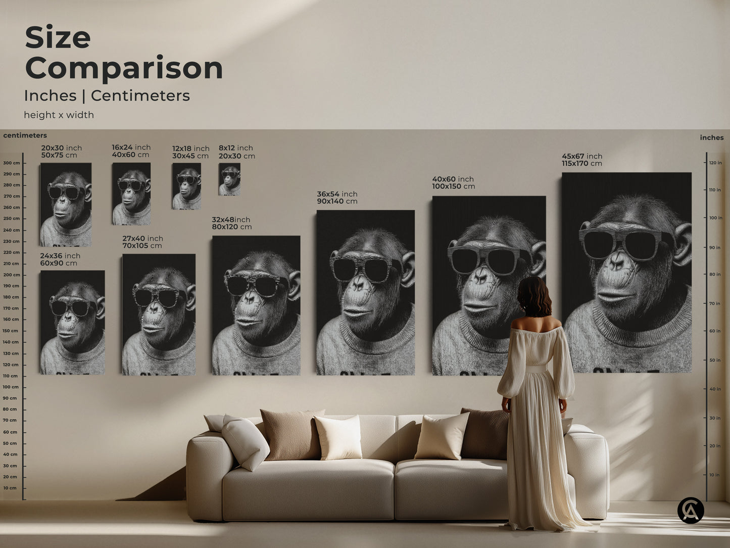 Size comparison of chimpanzee with sunglasses art prints in inches and centimeters. Various sizes are displayed above a modern sofa. This monochrome animal portrait is perfect for modern minimalist decor. It is a unique gift for animal lovers and fans of minimalist art.