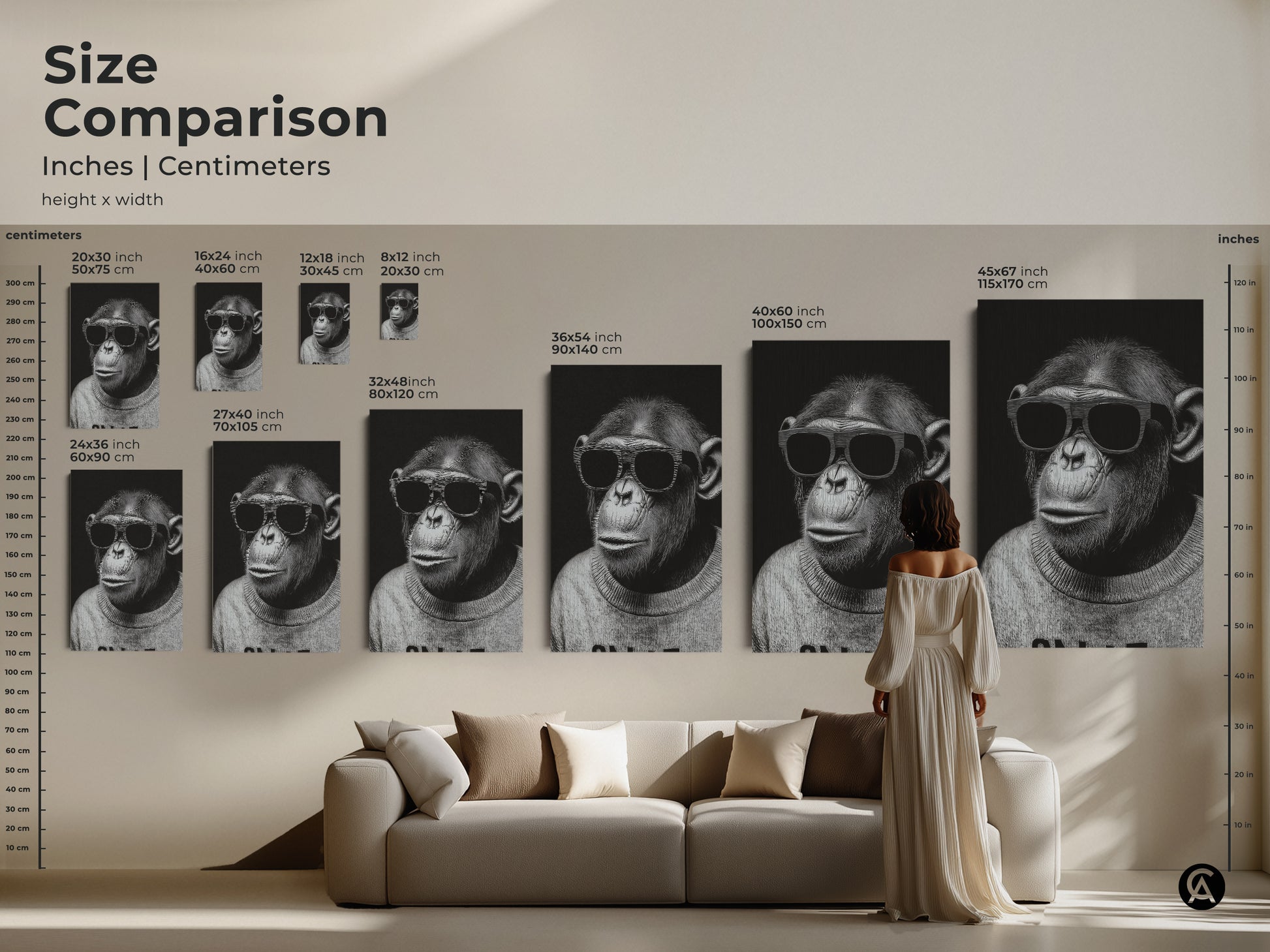 Size comparison of chimpanzee with sunglasses art prints in inches and centimeters. Various sizes are displayed above a modern sofa. This monochrome animal portrait is perfect for modern minimalist decor. It is a unique gift for animal lovers and fans of minimalist art.