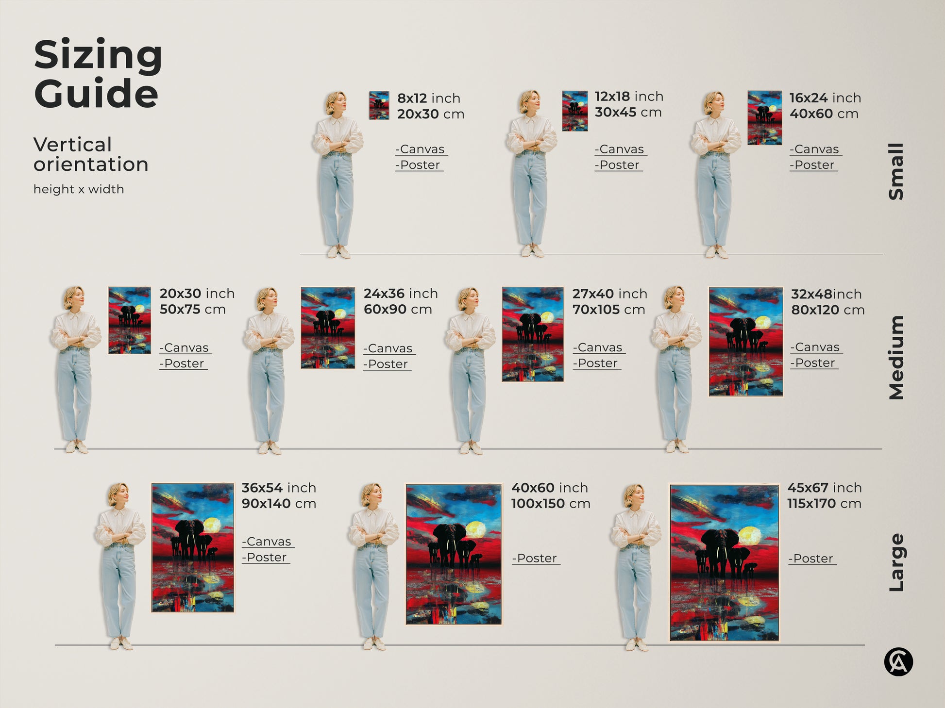 This sizing guide shows abstract elephant canvas & poster art in vertical orientation. Small medium & large sizes are displayed. Artwork is set in a crimson and azure sunset. Great scale for any room in your home.