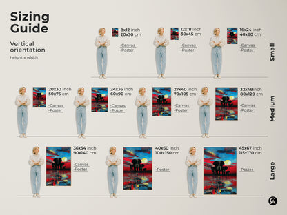 This sizing guide shows abstract elephant canvas & poster art in vertical orientation. Small medium & large sizes are displayed. Artwork is set in a crimson and azure sunset. Great scale for any room in your home.