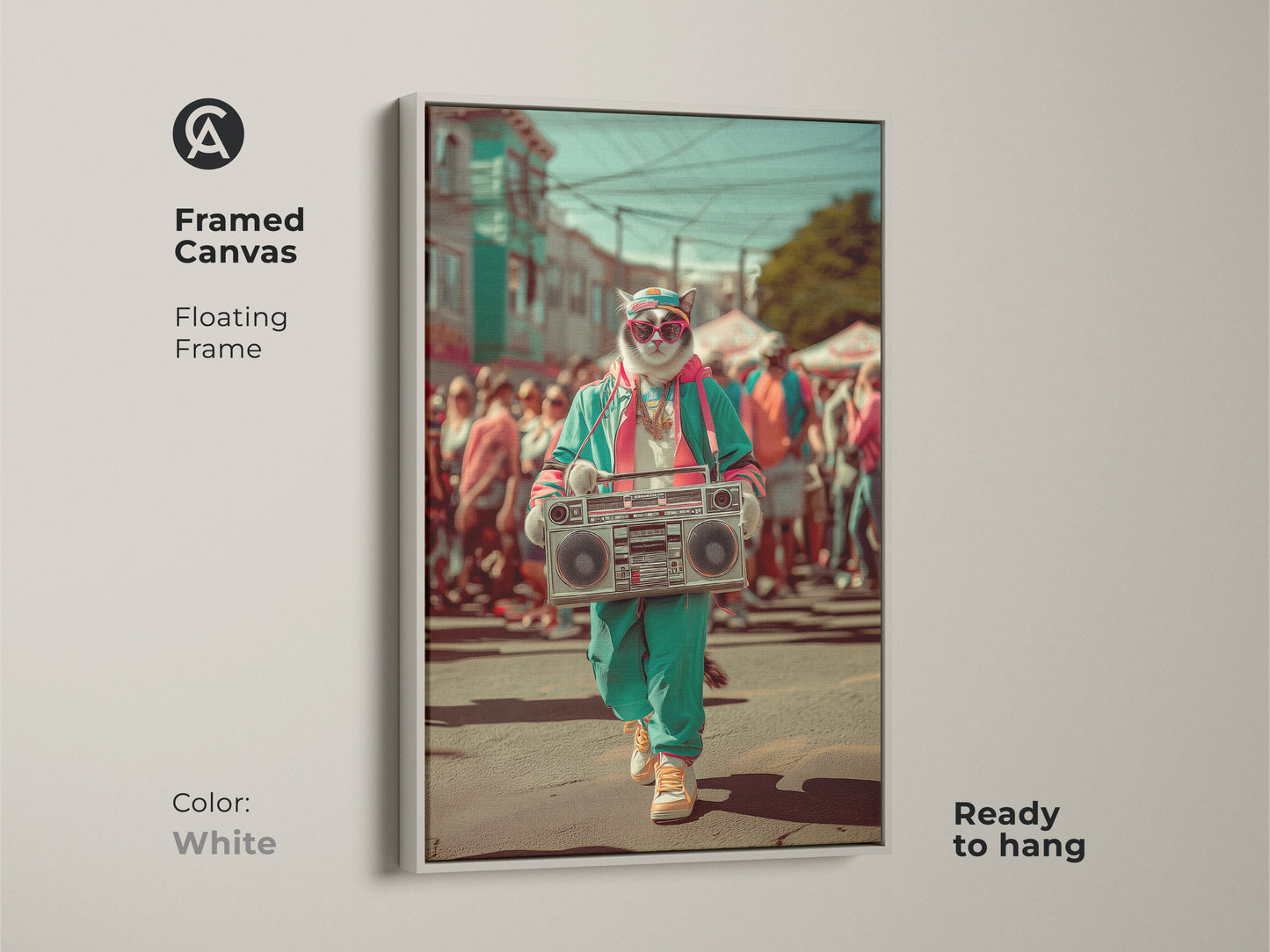 Framed Canvas in White featuring Cool Cat holding a boombox. The floating frame enhances this unique animal wall hanging. Bring life to any room with this artwork ready to hang.