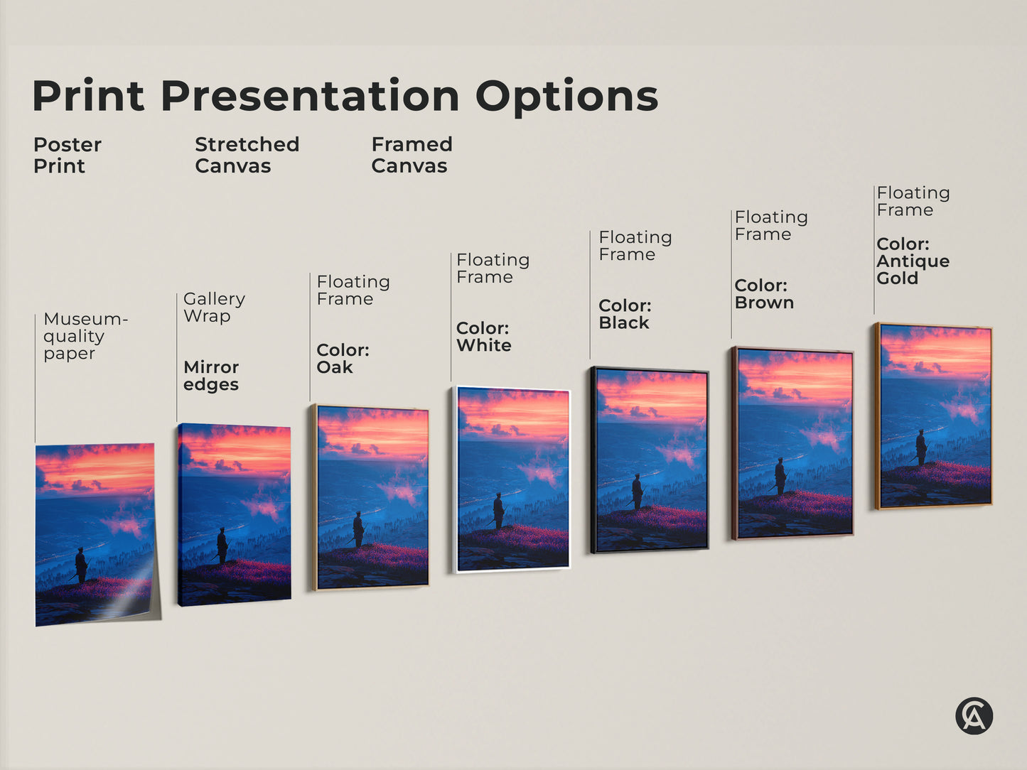 Explore print presentation options with this samurai warrior wall art. Choose from poster prints stretched canvas and framed canvas. Museum-quality paper and mirror edges enhance the cinematic sunset landscape for your office wall decor gift.