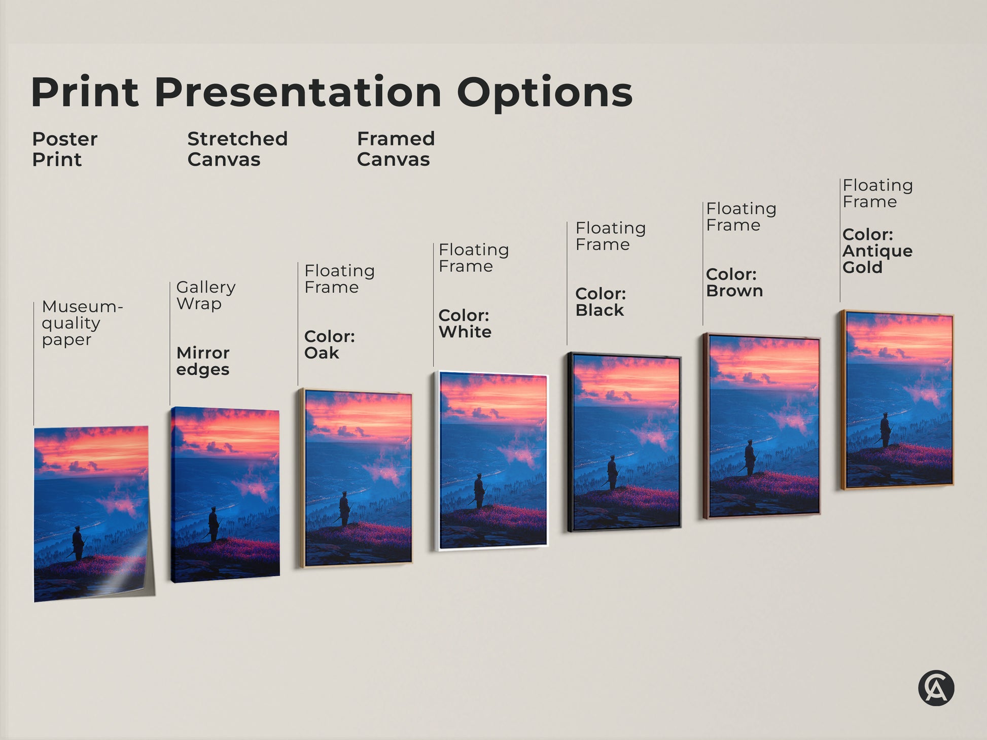 Explore print presentation options with this samurai warrior wall art. Choose from poster prints stretched canvas and framed canvas. Museum-quality paper and mirror edges enhance the cinematic sunset landscape for your office wall decor gift.