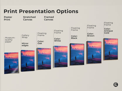 Explore print presentation options with this samurai warrior wall art. Choose from poster prints stretched canvas and framed canvas. Museum-quality paper and mirror edges enhance the cinematic sunset landscape for your office wall decor gift.