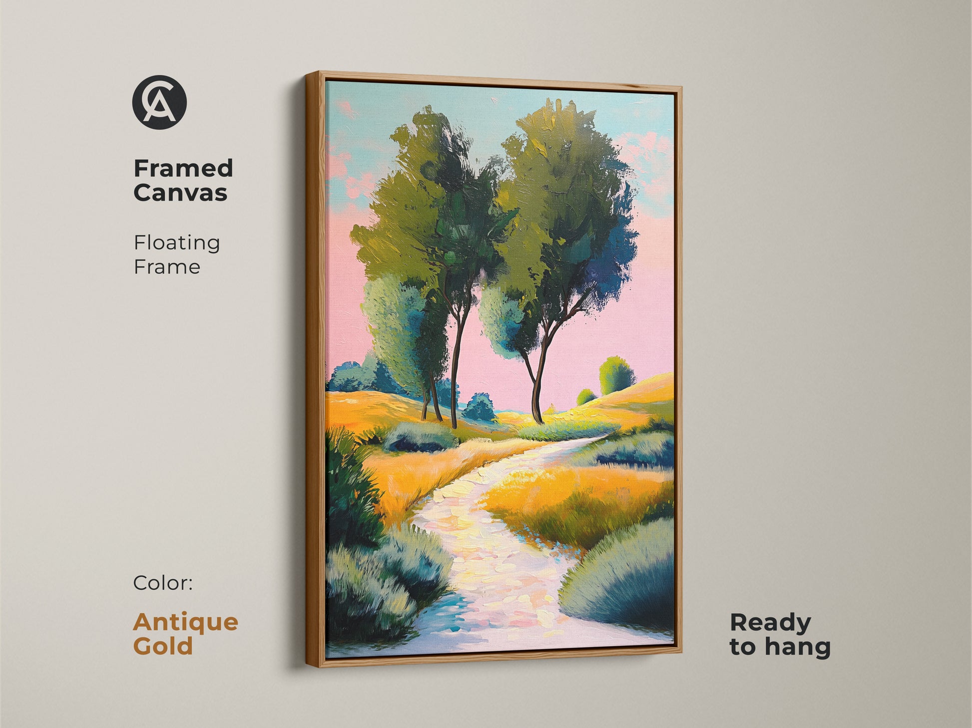 Framed canvas presents yellow green rolling hills. The antique gold frame accentuates the impressionistic landscape artwork. Ready to hang this nature path wall art adds sophistication to eclectic home decor. A great gift for art enthusiasts.