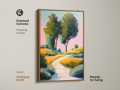 Framed canvas presents yellow green rolling hills. The antique gold frame accentuates the impressionistic landscape artwork. Ready to hang this nature path wall art adds sophistication to eclectic home decor. A great gift for art enthusiasts.