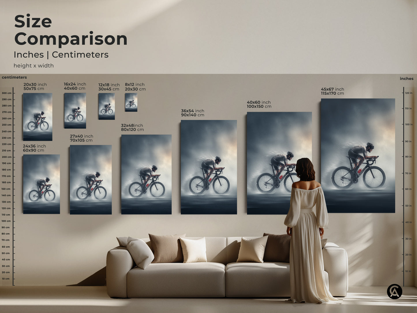 Size comparison of road cyclist artwork in inches and centimeters. See how the art fits above a sofa. Choose from various sizes ranging from small to large. Ideal for modern sports decor and professional office art. Find the perfect fit for your space and style.