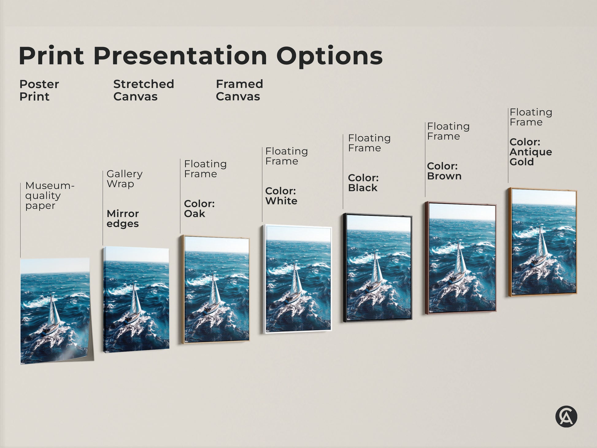 Explore print presentation options with this artwork. See poster prints stretched canvas prints and framed canvas prints. Each featuring a sailboat on deep blue ocean waves. Find museum-quality paper gallery wrap floating frames in various colors.