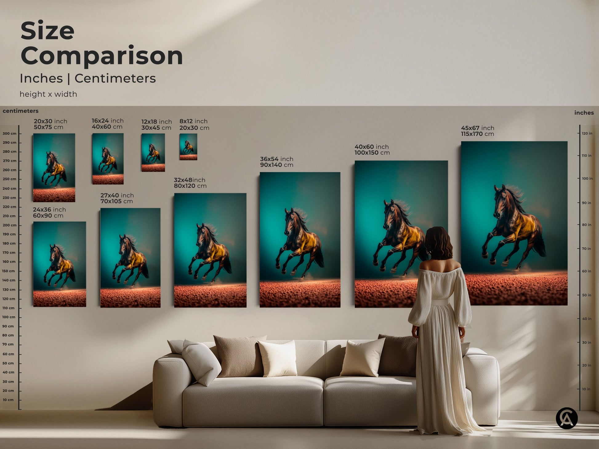 Size comparison of the running horse artwork in inches and centimeters. See how the teal brown and gold canvas or poster art fits above a sofa. Different sizes available to enhance your living space. This wildlife animal art is perfect for horse lovers. Add a contemporary touch to your home.