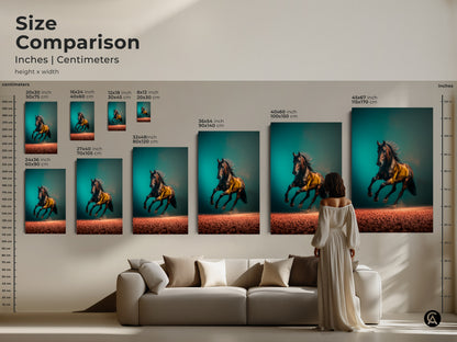 Size comparison of the running horse artwork in inches and centimeters. See how the teal brown and gold canvas or poster art fits above a sofa. Different sizes available to enhance your living space. This wildlife animal art is perfect for horse lovers. Add a contemporary touch to your home.
