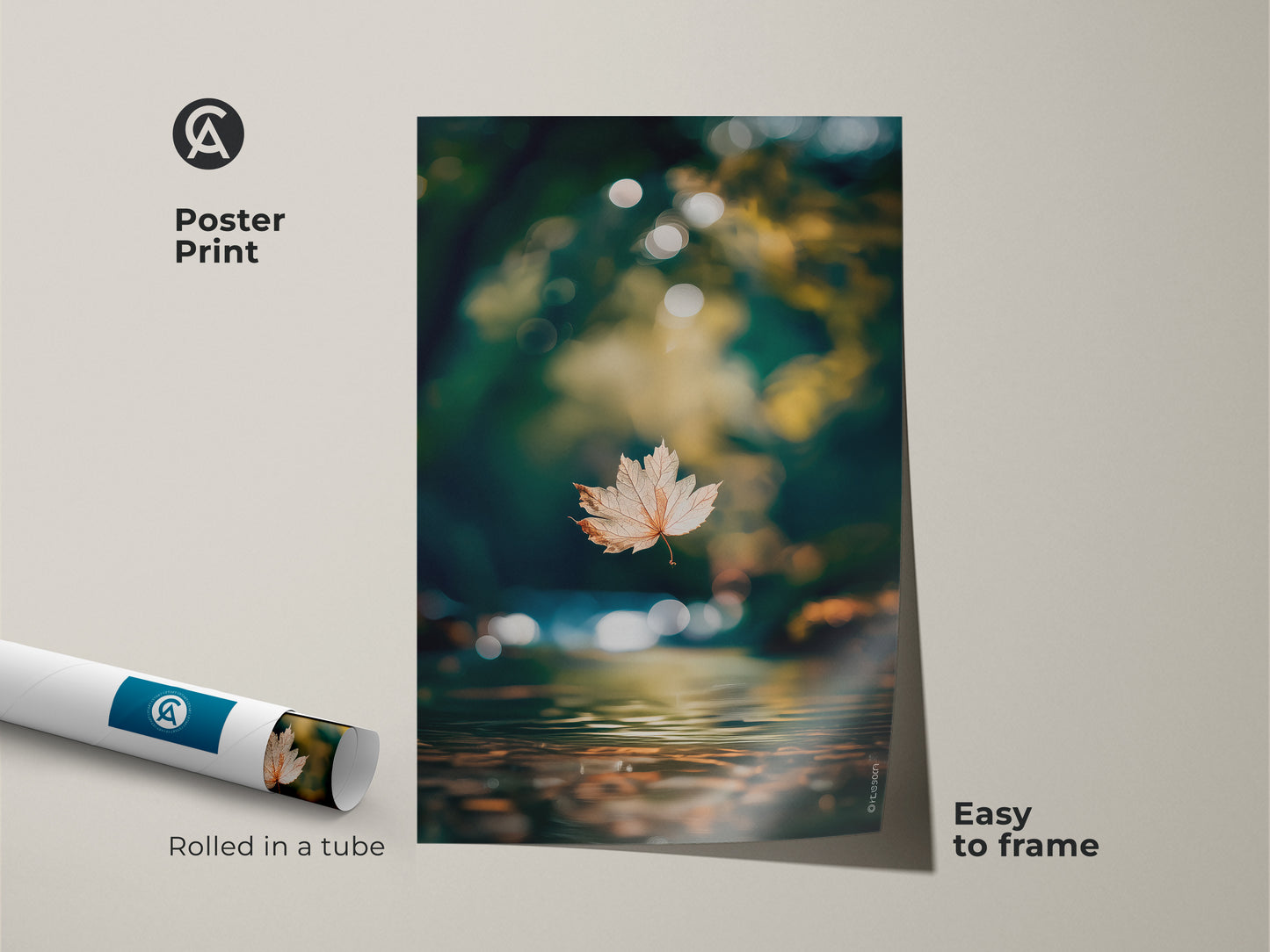 Poster print of floating leaf artwork. A calming nature scene captured. Rolled in a tube for easy framing. This poster brings a touch of nature's beauty. A simple way to enhance your space.