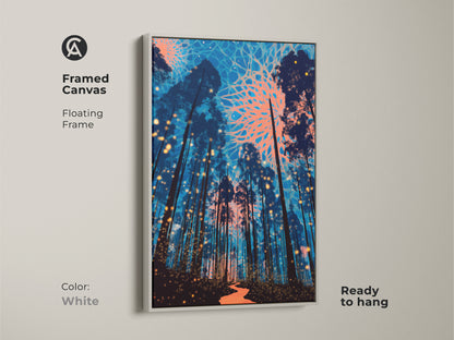 This framed canvas features surreal forest artwork with deep blue pine trees. See the glowing coral abstract accents and fantasy lights. The white floating frame provides a clean look. Ready to hang this piece will add art to any room.