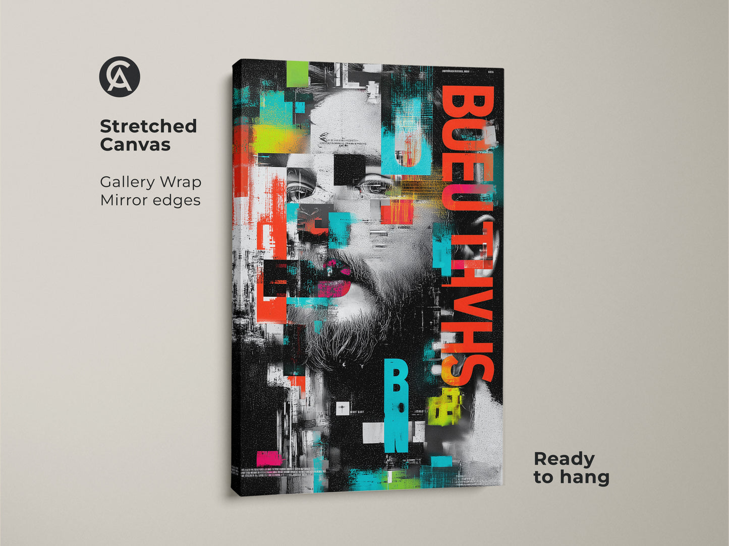 Stretched canvas of abstract glitch art portrait. Gallery wrapped with mirror edges. Ready to hang. This urban man face wall art features red black and teal abstract canvas. A contemporary piece of office wall decor or a modern art print for him.