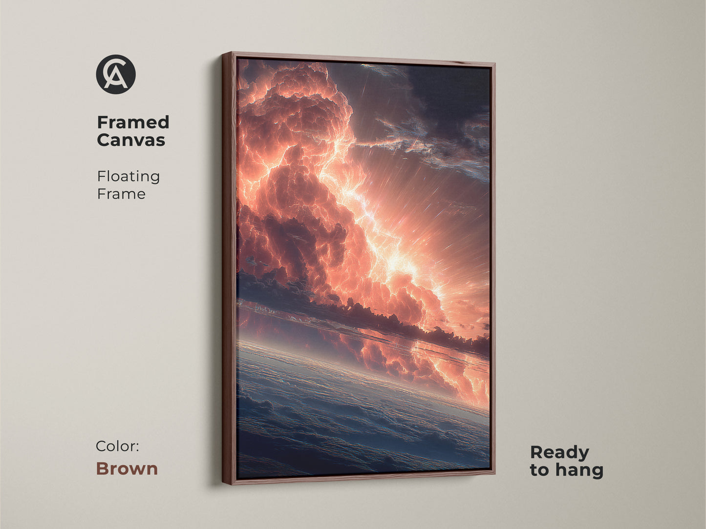 Framed canvas artwork showcasing a fiery sky. The brown floating frame enhances the artwork. Ready to hang and admire. The warm tones of the frame complement the clouds. Perfect for adding a touch of sophistication to your home.