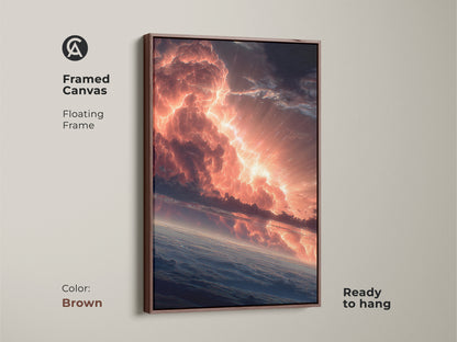 Framed canvas artwork showcasing a fiery sky. The brown floating frame enhances the artwork. Ready to hang and admire. The warm tones of the frame complement the clouds. Perfect for adding a touch of sophistication to your home.