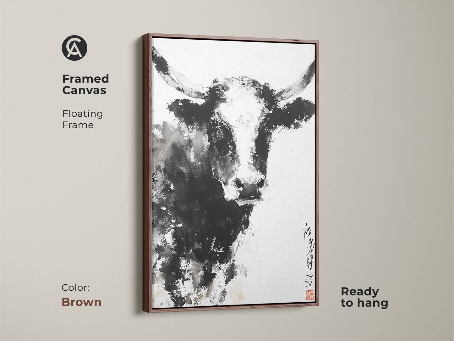 This is a framed canvas with a brown floating frame. The artwork is ready to hang. It features an ink wash painting of a bull. The combination of rustic and modern creates a unique piece. Add this beautiful artwork to your home.