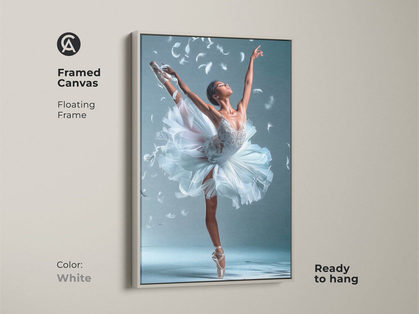 White framed canvas of a ballerina.  Artwork shows a ballerina in a white tutu posing gracefully. The floating frame is a white color. Ready to hang this framed canvas art. It adds a clean and elegant touch to your space.