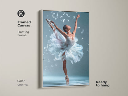 White framed canvas of a ballerina.  Artwork shows a ballerina in a white tutu posing gracefully. The floating frame is a white color. Ready to hang this framed canvas art. It adds a clean and elegant touch to your space.