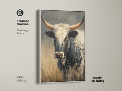 Longhorn Cow canvas artwork in a white floating frame. This rustic animal print is ready to hang. The white frame offers a clean look for the black and white cow canvas. Ideal for a modern farmhouse style.