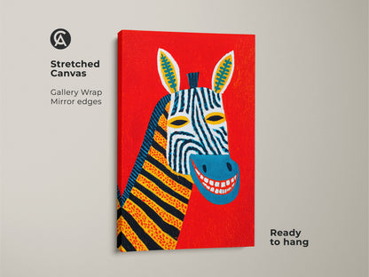 Stretched canvas print of an abstract zebra artwork. This folk art animal print boasts an eclectic mix of red orange and blue. The vibrant wall decor adds a playful touch. A perfect gift idea for unique living room art.