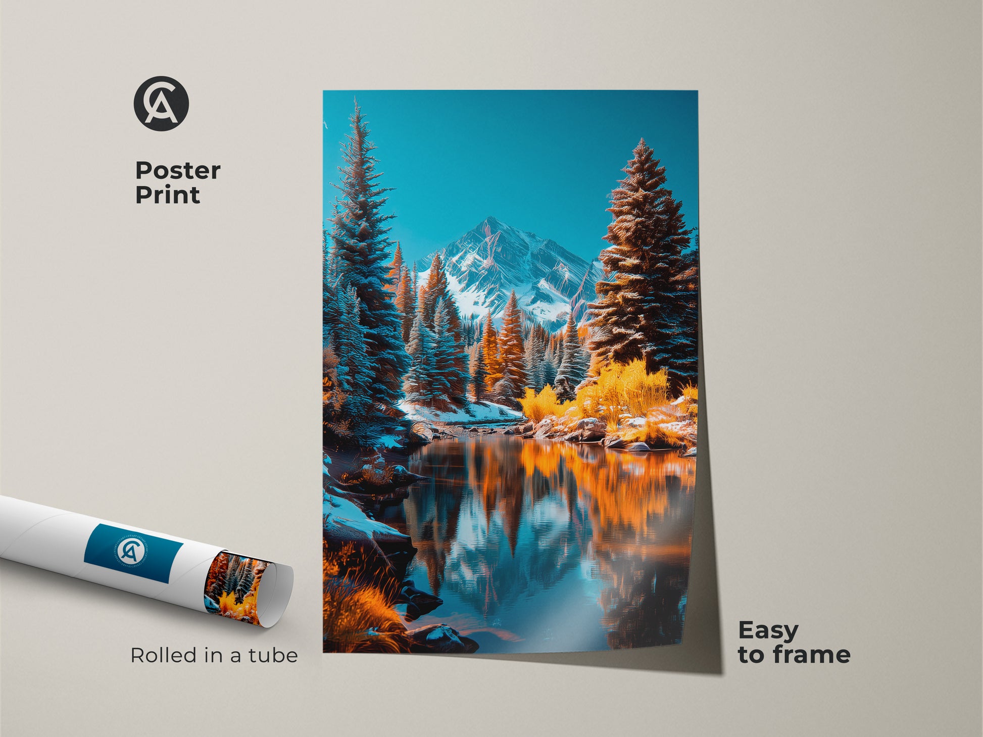 Poster print of a beautiful winter mountain scene. The poster is rolled in a protective tube. This art is easy to frame. The print features a snow capped mountain reflected in a clear lake surrounded by pine trees.
