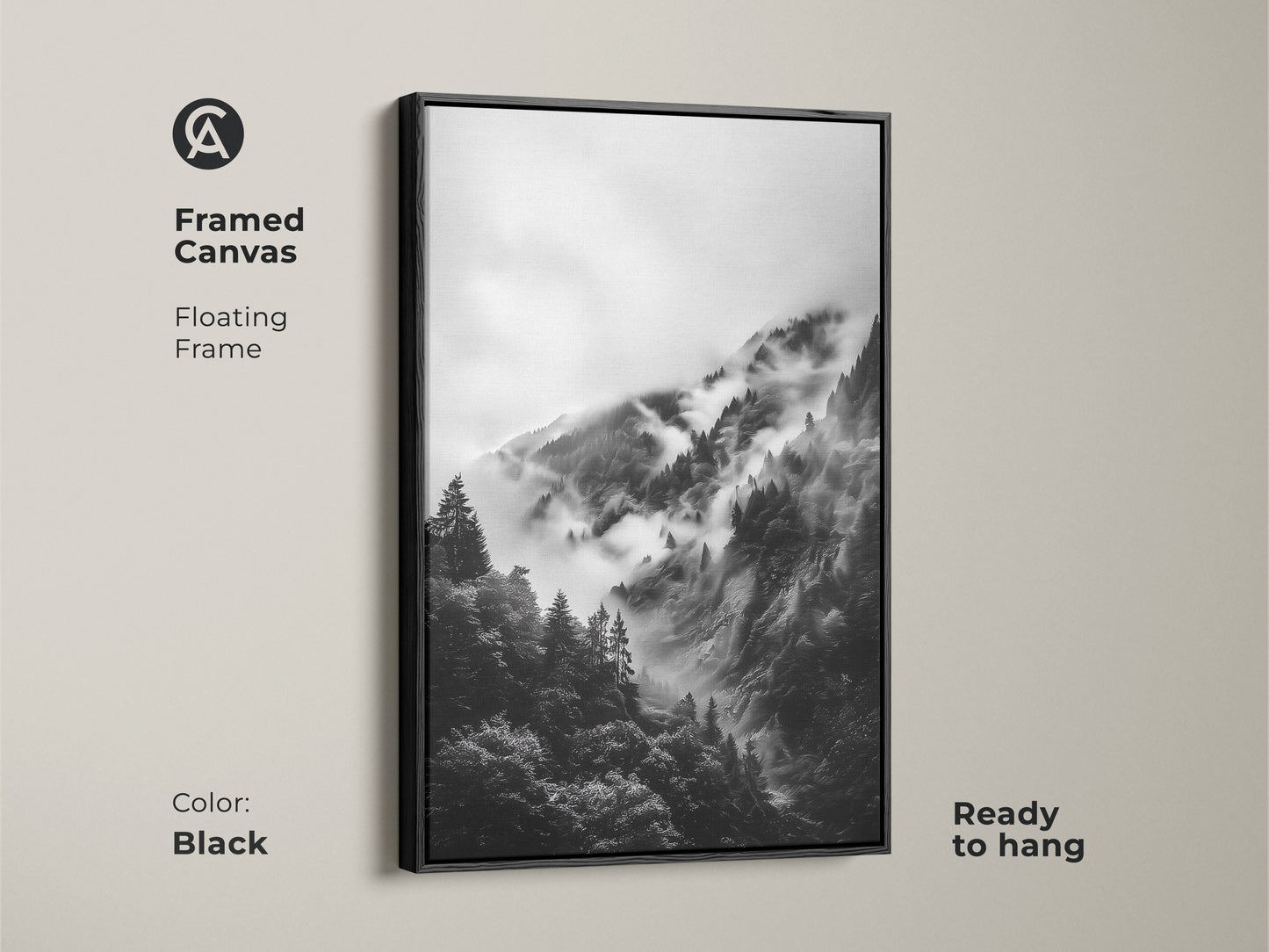 Black framed canvas featuring a monochrome mountain forest. The floating frame enhances the modern monochrome art. Ready to hang nature wall decor for a serene home environment.