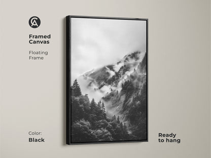 Black framed canvas featuring a monochrome mountain forest. The floating frame enhances the modern monochrome art. Ready to hang nature wall decor for a serene home environment.
