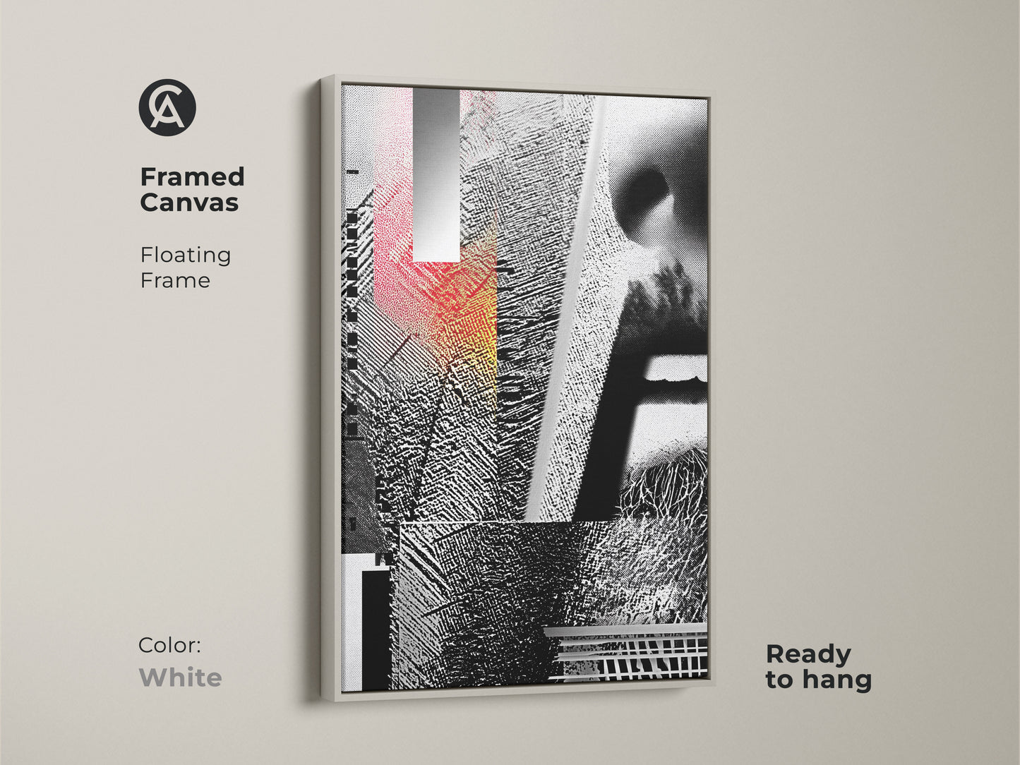 Framed Canvas featuring Glitch Art. The floating frame emphasizes the abstract geometric face collage in black white and red. This mixed media artwork is ready to hang. Perfect for a modern office or home art collection. The frame color is white.