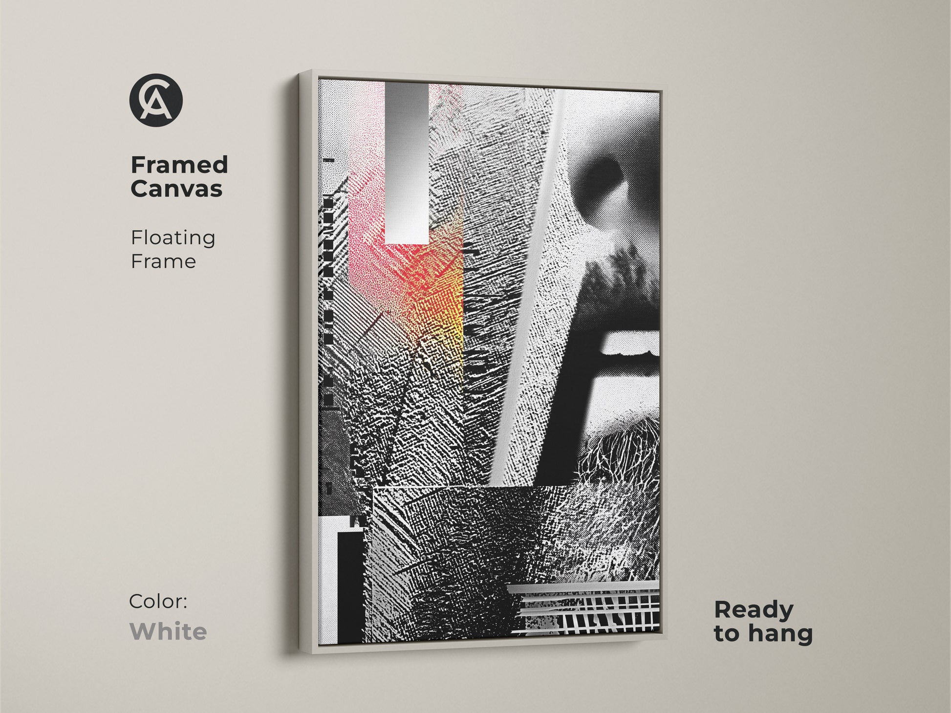 Framed Canvas featuring Glitch Art. The floating frame emphasizes the abstract geometric face collage in black white and red. This mixed media artwork is ready to hang. Perfect for a modern office or home art collection. The frame color is white.