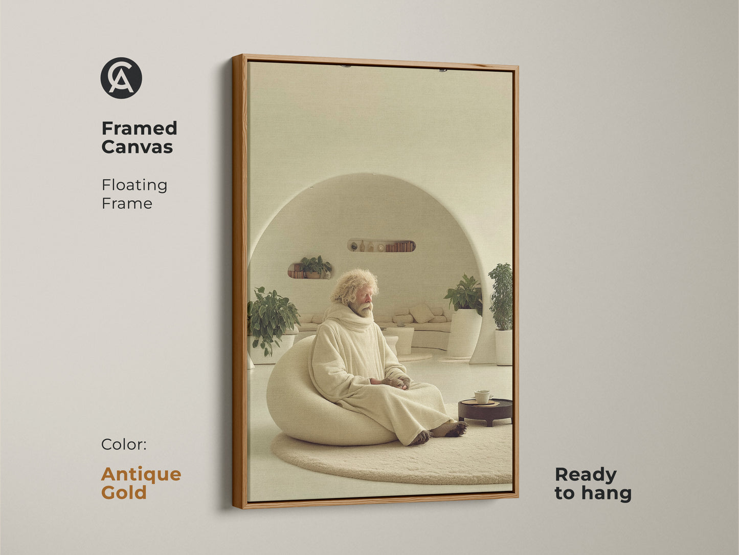 Framed canvas shows a Beige Cream Minimalist art print of an elderly man in meditation. The floating frame is antique gold complementing the soft color palette art. Ready to hang this zen figure wall art is a peaceful decor. This unique wall hanging brings restorative vibes to your home