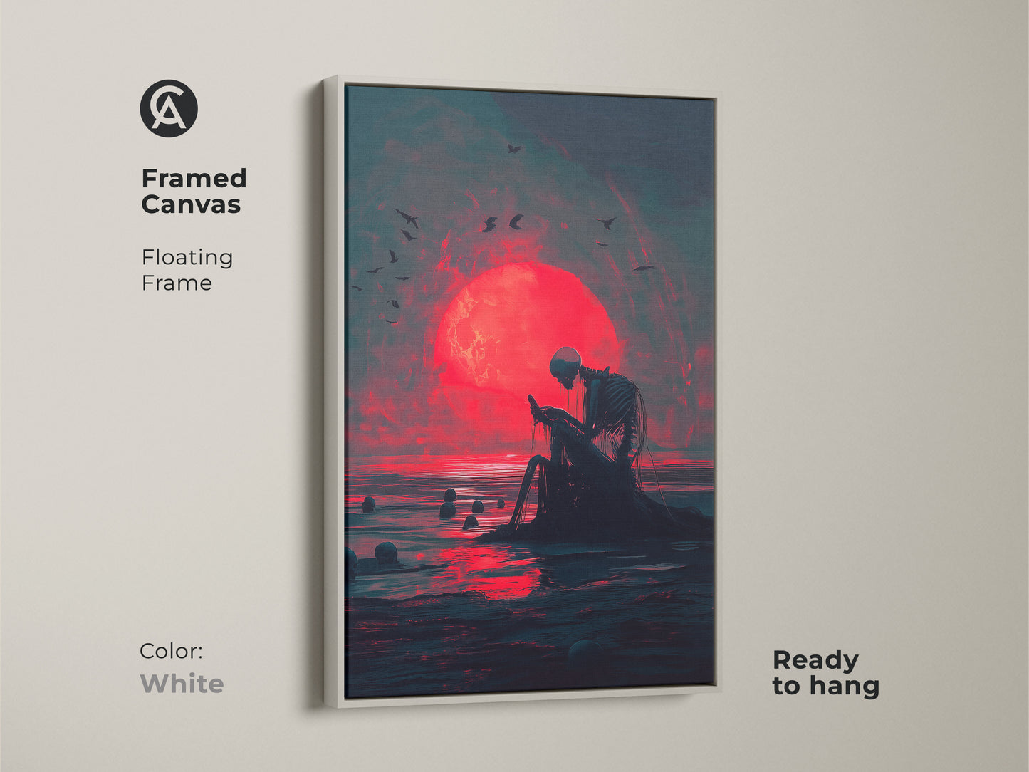 Framed canvas art of a skeleton at the ocean with a red moon. The frame is white. This ready-to-hang artwork offers a clean and modern look. The floating frame enhances the artwork's visual appeal. A gothic style statement piece. Shop now for this captivating piece.