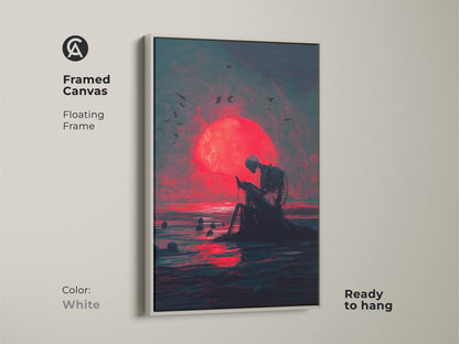 Framed canvas art of a skeleton at the ocean with a red moon. The frame is white. This ready-to-hang artwork offers a clean and modern look. The floating frame enhances the artwork's visual appeal. A gothic style statement piece. Shop now for this captivating piece.