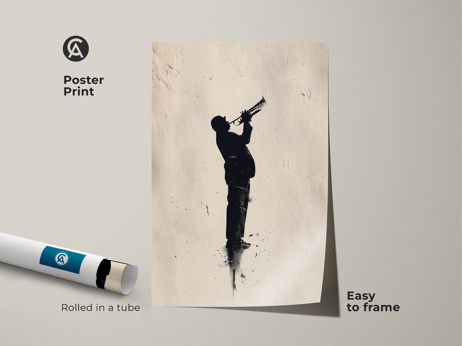 Poster print of a jazz musician playing trumpet. The artwork is rolled in a tube for easy framing. This musical silhouette adds artistic flair. Order your jazz poster today.