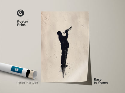 Poster print of a jazz musician playing trumpet. The artwork is rolled in a tube for easy framing. This musical silhouette adds artistic flair. Order your jazz poster today.