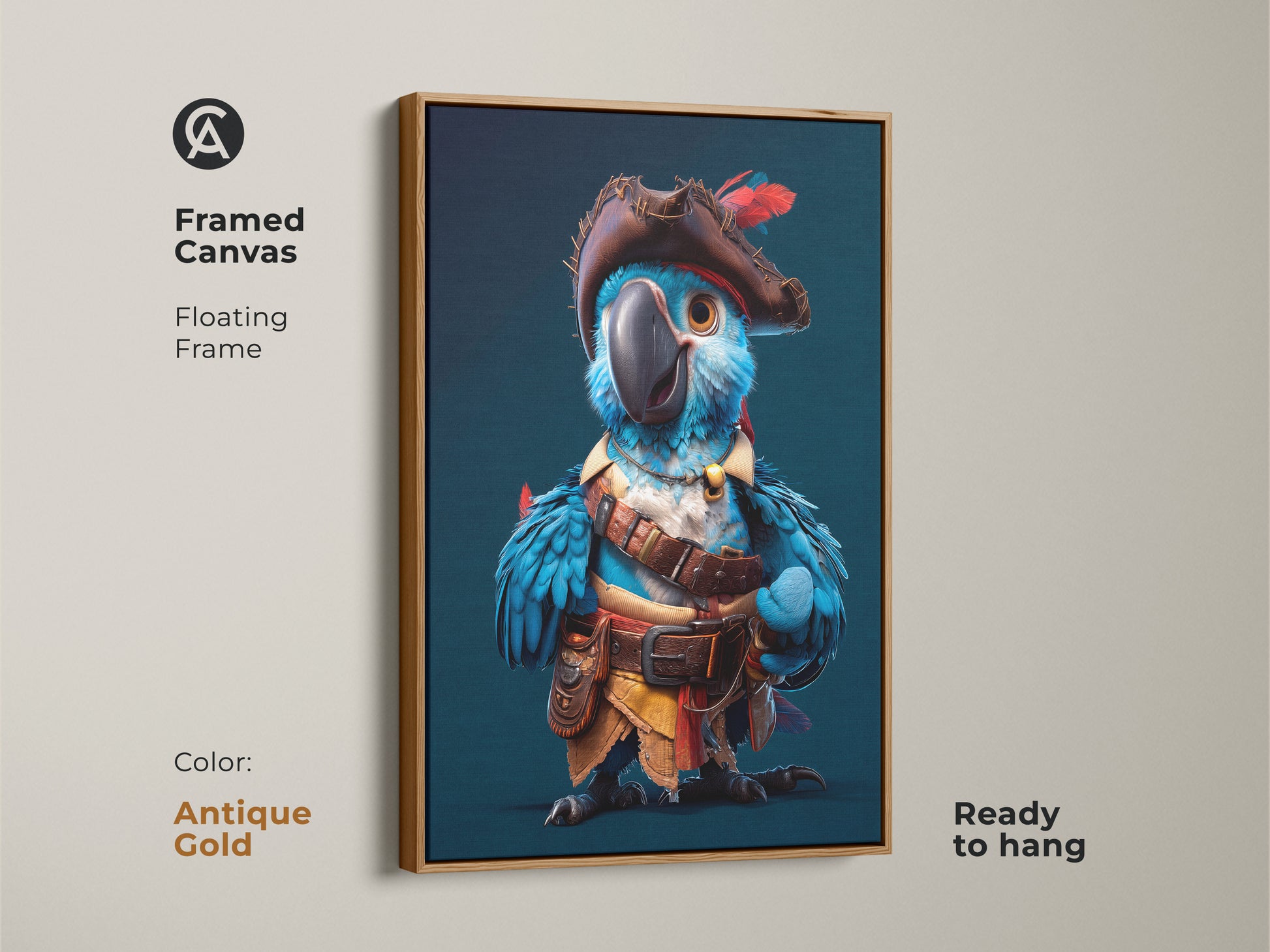 Framed parrot art canvas featuring a cartoon pirate bird. Floating frame is antique gold. A colorful animal print for adventurous wall decor. Perfect animal lover gift.