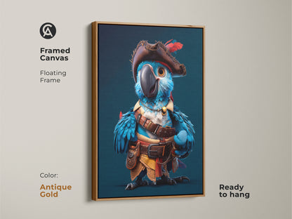 Framed parrot art canvas featuring a cartoon pirate bird. Floating frame is antique gold. A colorful animal print for adventurous wall decor. Perfect animal lover gift.