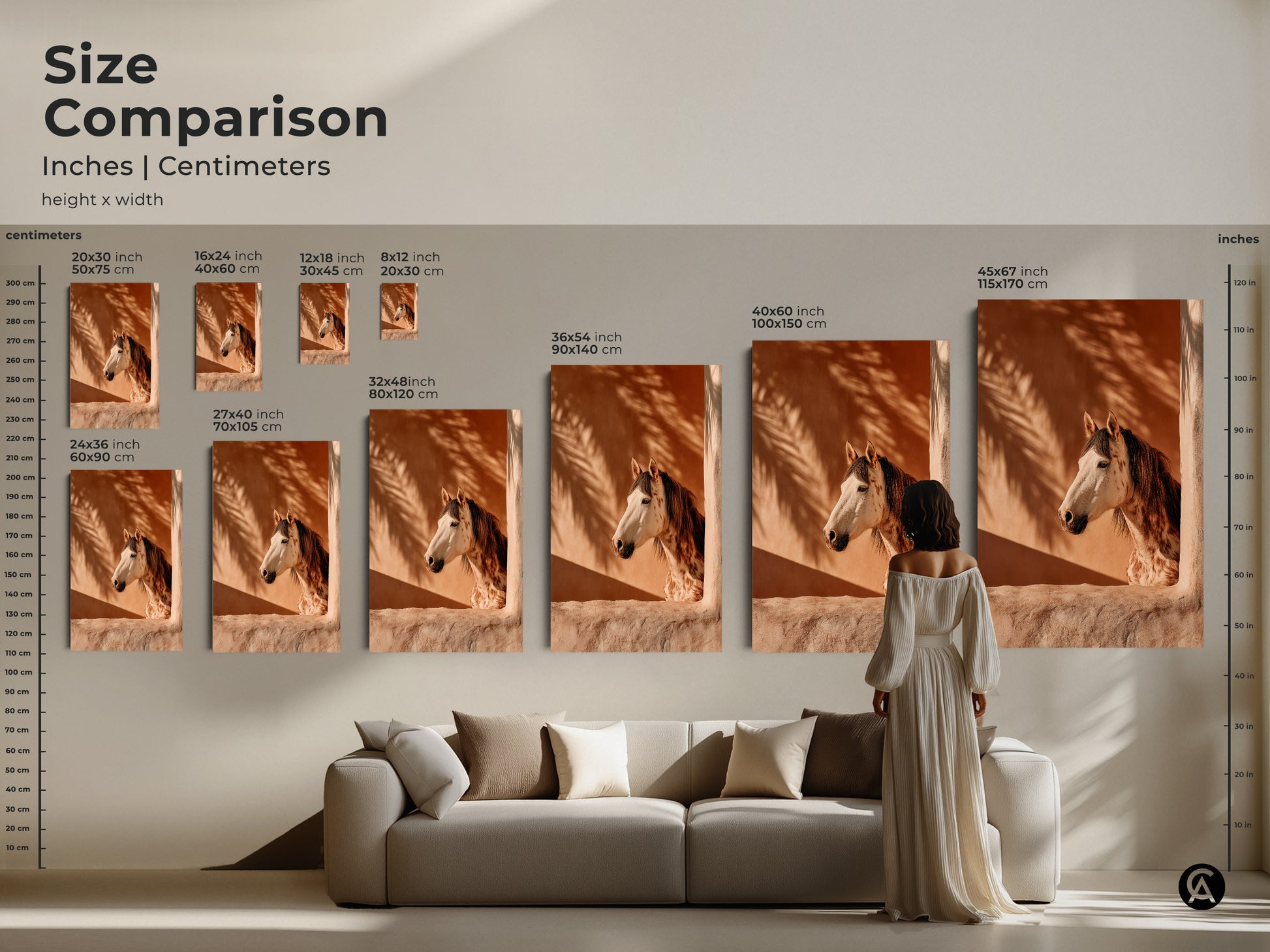 Size comparison of boho horse art in inches and centimeters. Visualize the scale of terracotta animal prints featuring a photorealistic horse. Palm fronds art print displayed in various sizes above a sofa. Find the perfect size for your equestrian decor. Transform your living room with this desert horse art.