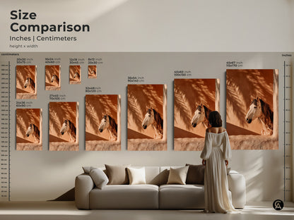 Size comparison of boho horse art in inches and centimeters. Visualize the scale of terracotta animal prints featuring a photorealistic horse. Palm fronds art print displayed in various sizes above a sofa. Find the perfect size for your equestrian decor. Transform your living room with this desert horse art.