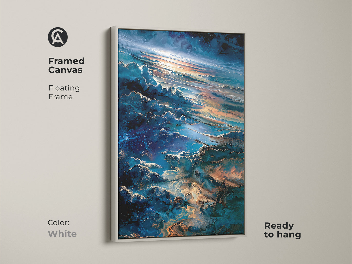 Framed canvas featuring a floating frame in white. Ready to hang this artwork shows a celestial skyscape. The clouds shimmer in blue and gold tones. Transform your space with this stylish and modern framed art piece.