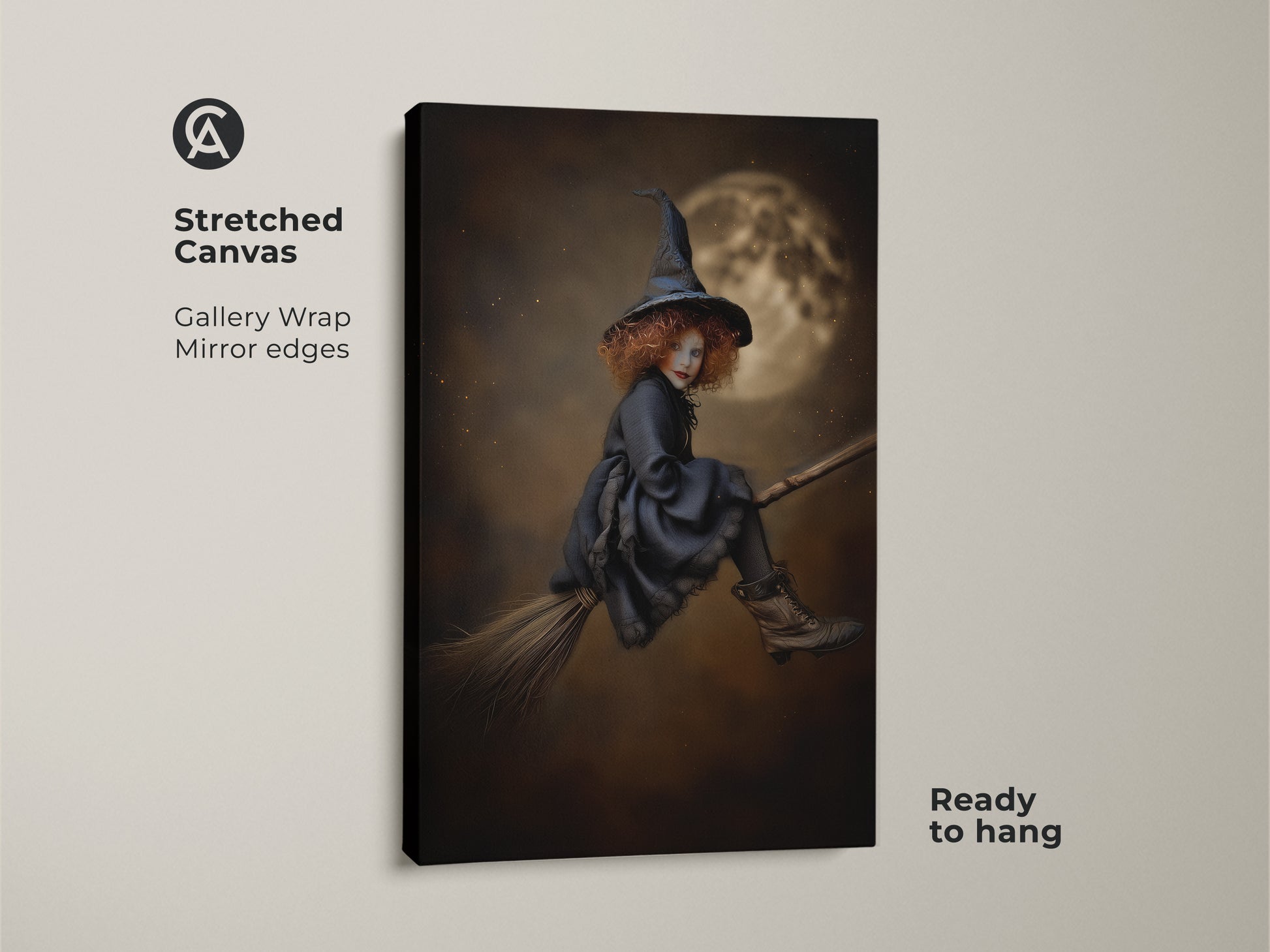 Stretched Canvas of a gothic witch art print. Gallery Wrap with Mirror edges. Ready to hang childrens gothic decor. This halloween themed art is a fantastic gift idea. The fantasy flying witch is set against a moonlit sky.