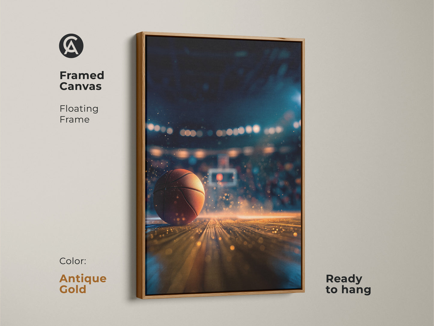 This framed canvas showcases a dynamic basketball court scene. The antique gold floating frame adds a vintage touch. It is ready to hang offering instant elegance. Perfect for sports themed decor. This basketball artwork is a great choice.